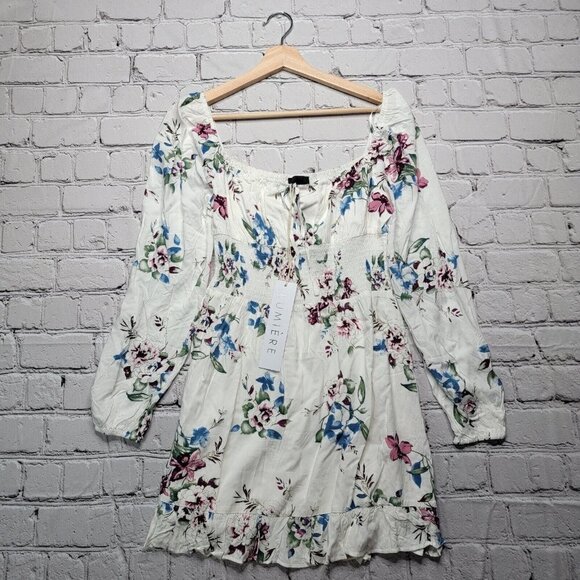 Lumiere Dresses & Skirts - Lumiere Ivory Floral Print Peasant Decollete Top Defined Waist Dress NWT Size S